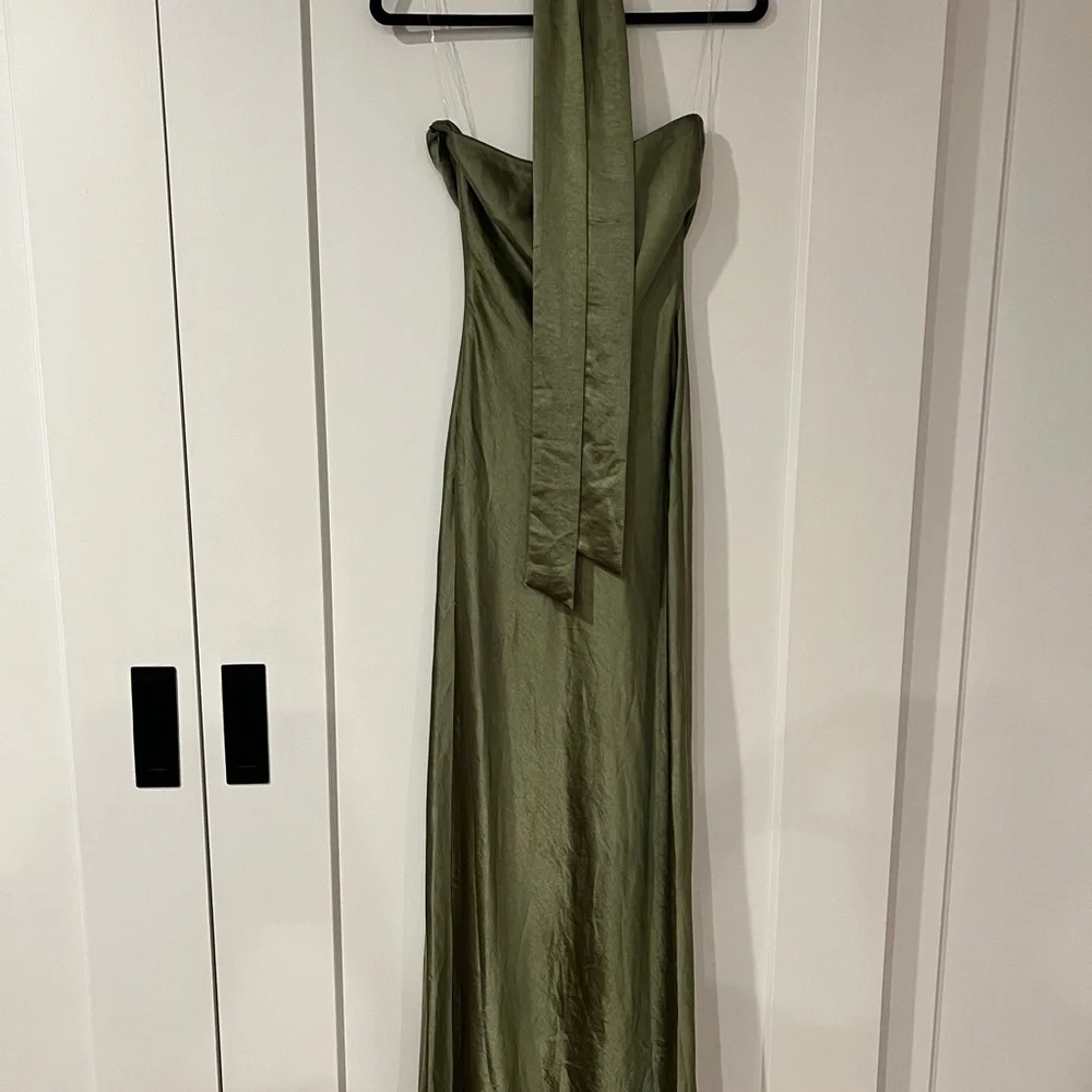 Angelina Neck Tie Olive Satin Maxi Dress - Picture 6 of 6